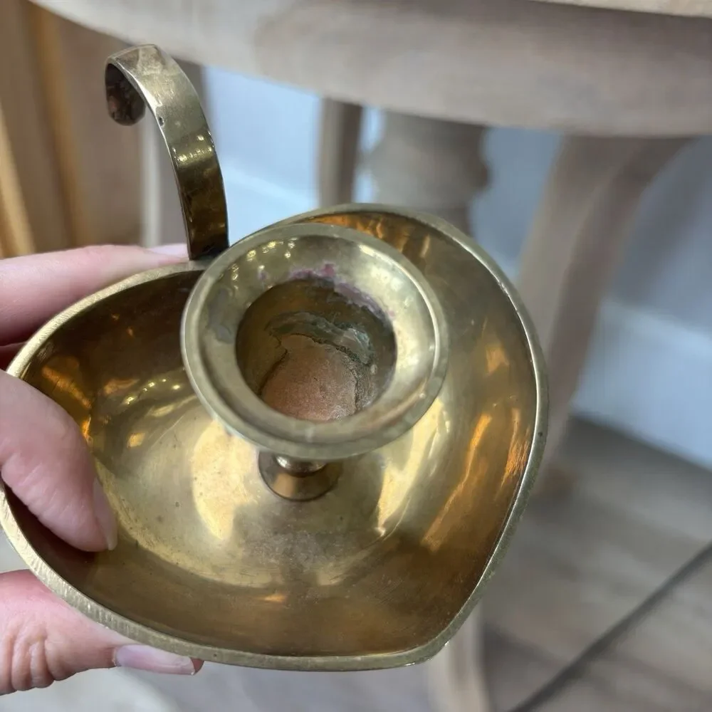 Vintage Brass Heart Shaped Chamberstick Candle Holder Cottagecore Granny Decor